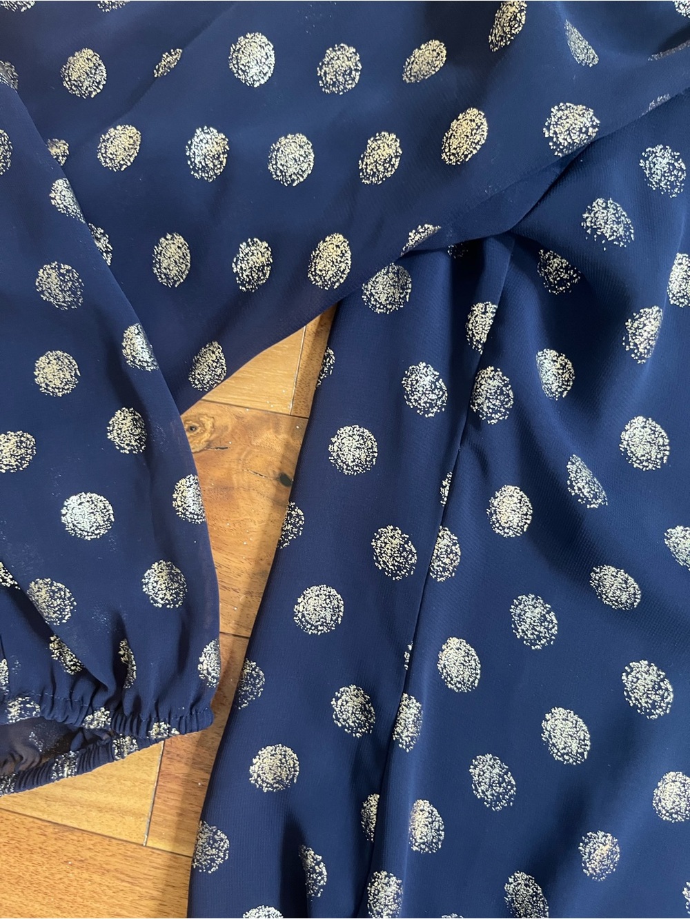 Joseph Ribkoff Navy and Gold Polka Dot Off-Shoulder Pillow Sleeve Ruffle Blouse - Picture 9 of 12